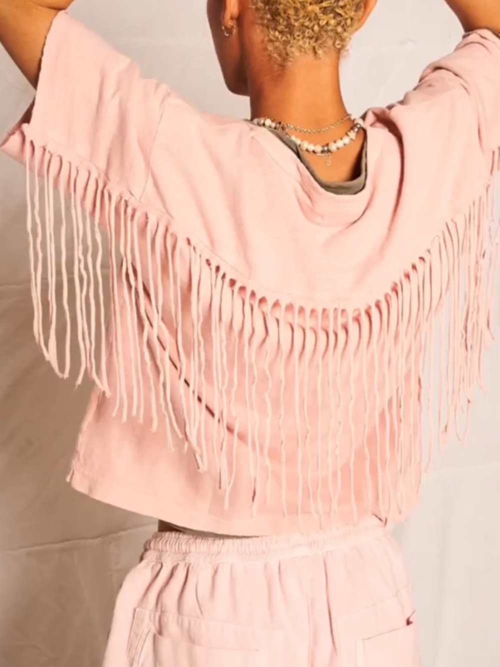 Dr. Collectors Teddy Forever Light Pink Peach Rodeo Crop Tee Shirt Fringe Back S